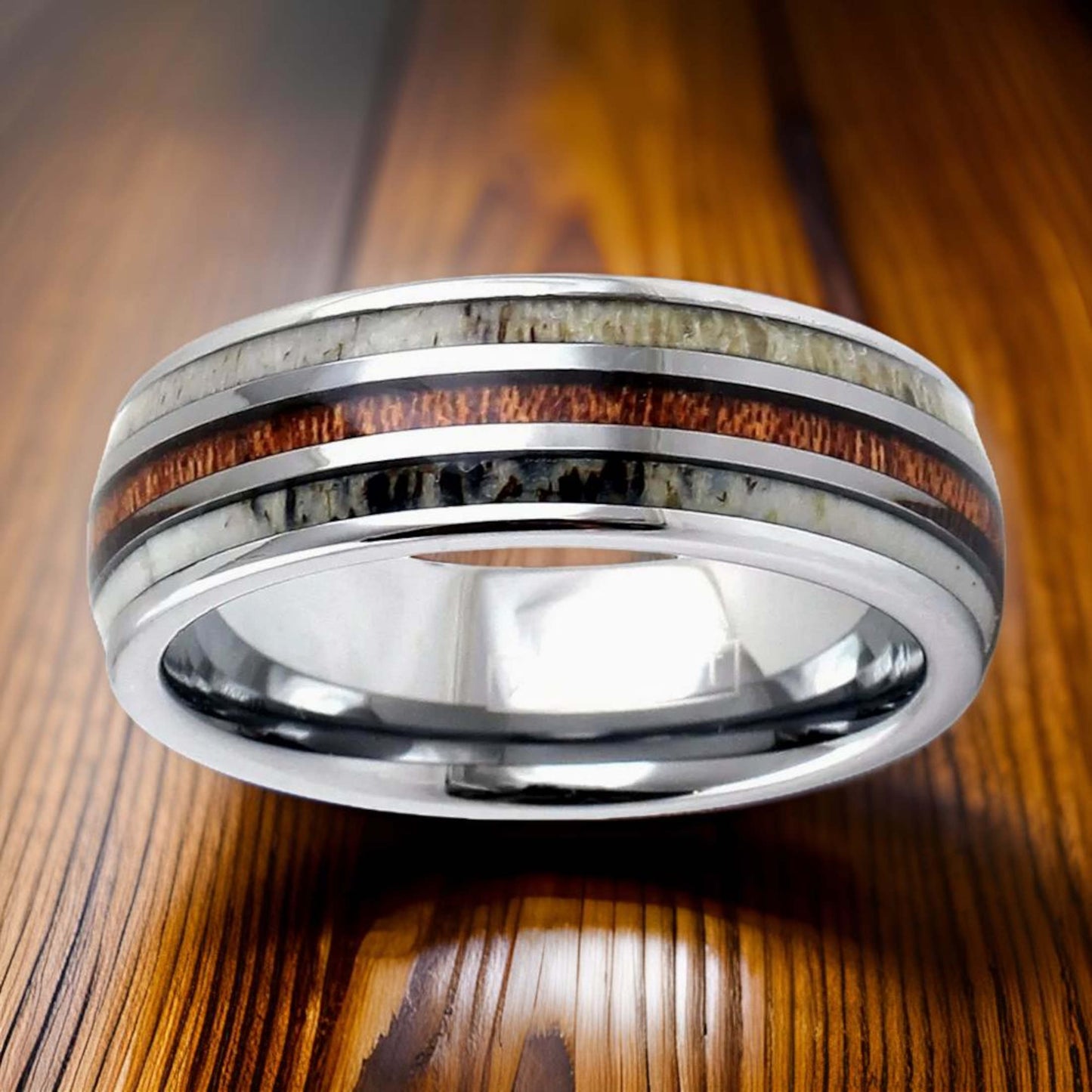 southwestern ring. silver tungsten ring with moose bone and koa wood inlay