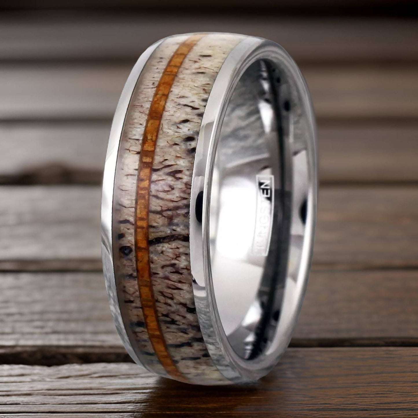 Silver Tungsten ring made with deer antler and whiskey barrel wood.