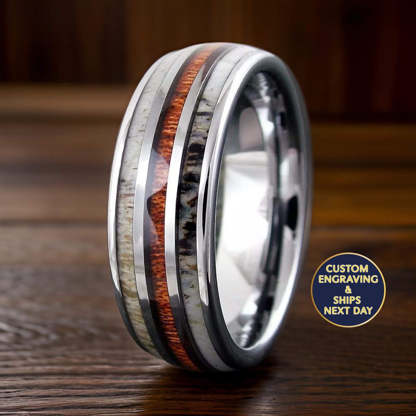 silver tungsten carbide ring with koa wood inlay