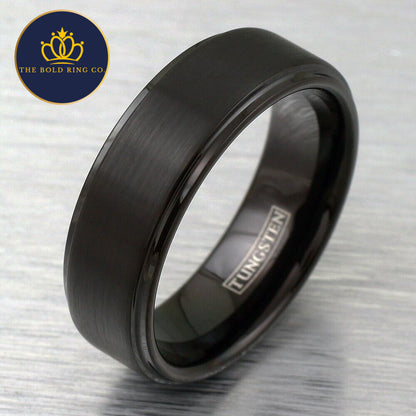 The Modern Gentlemen, Black Engagement Ring, with Striped Edge, Bold Wedding Band