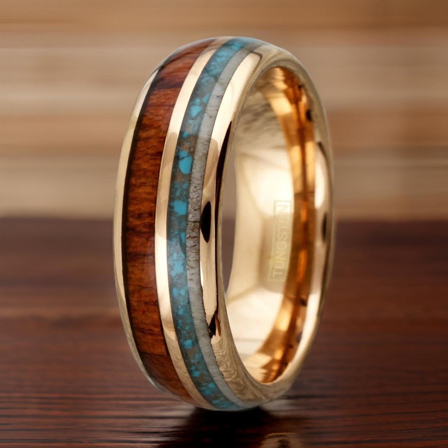 tungsten ring with white oak wood, turquoise gemstone