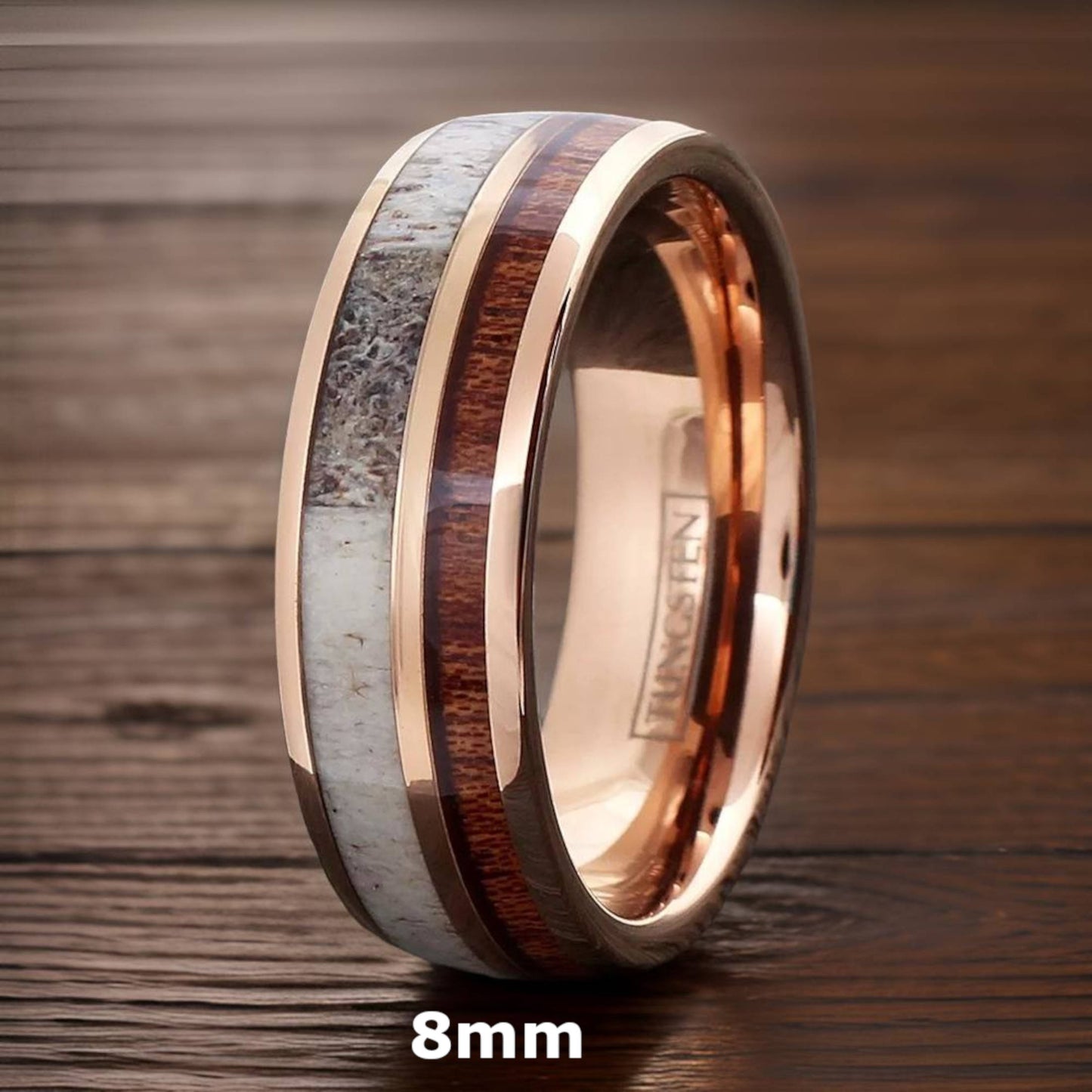 gold tungsten ring made of moose antlers and bourbon barrels