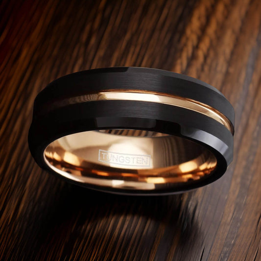 rose gold wedding band with black tungsten outer band