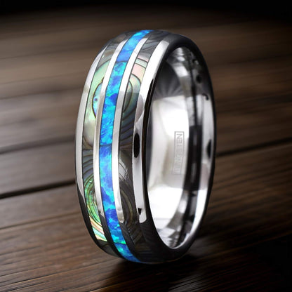 silver tungsten ring with abalone and opal