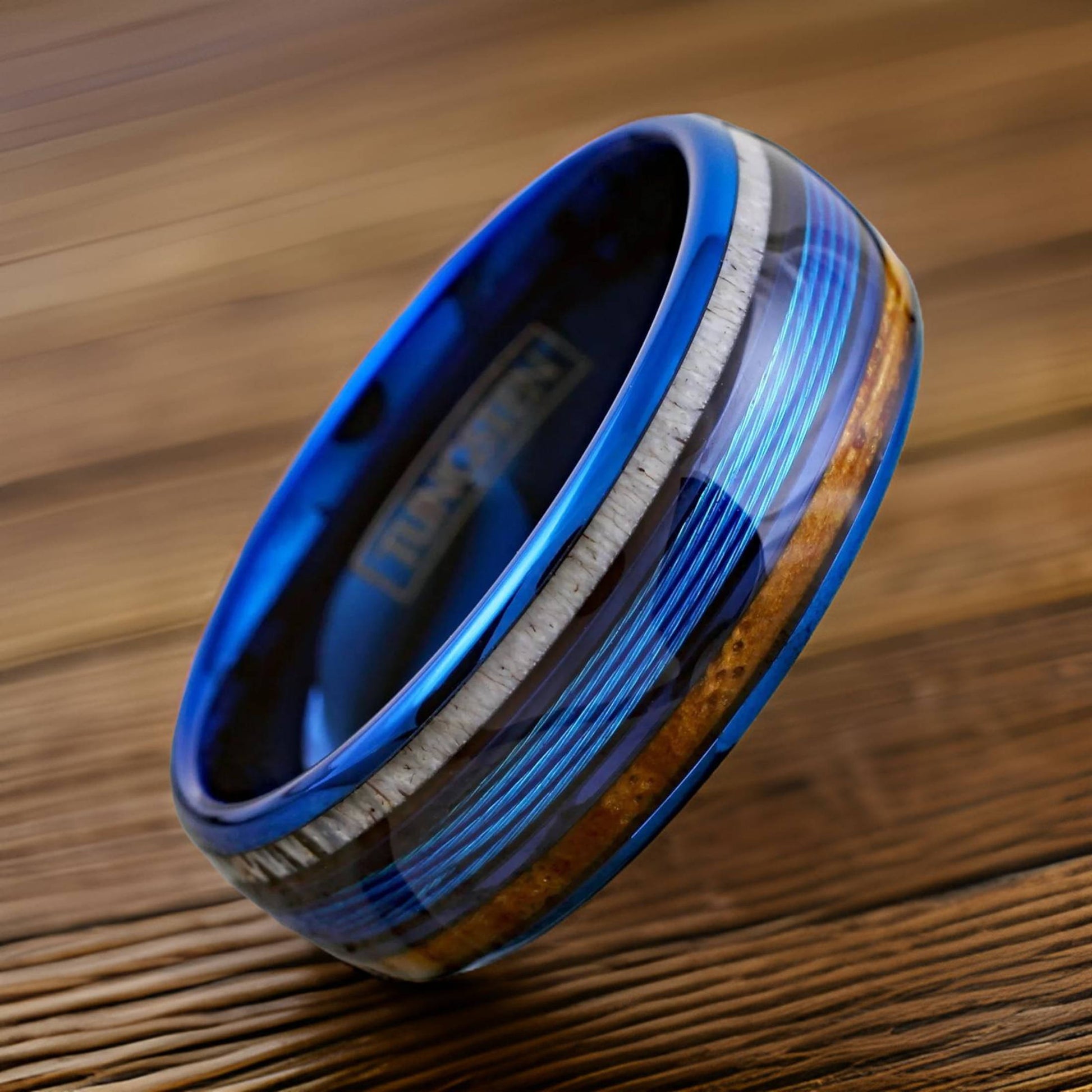 blue wedding band with fishing line