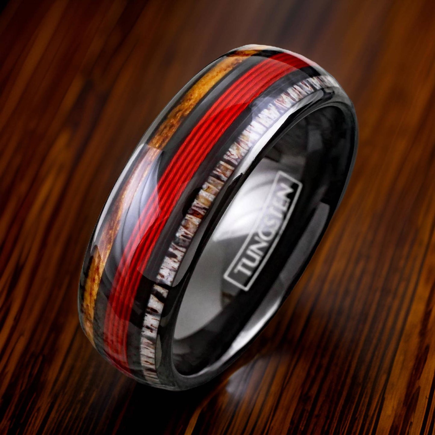 tungsten ring with red fishing line, whiskey wood, and antler inlay