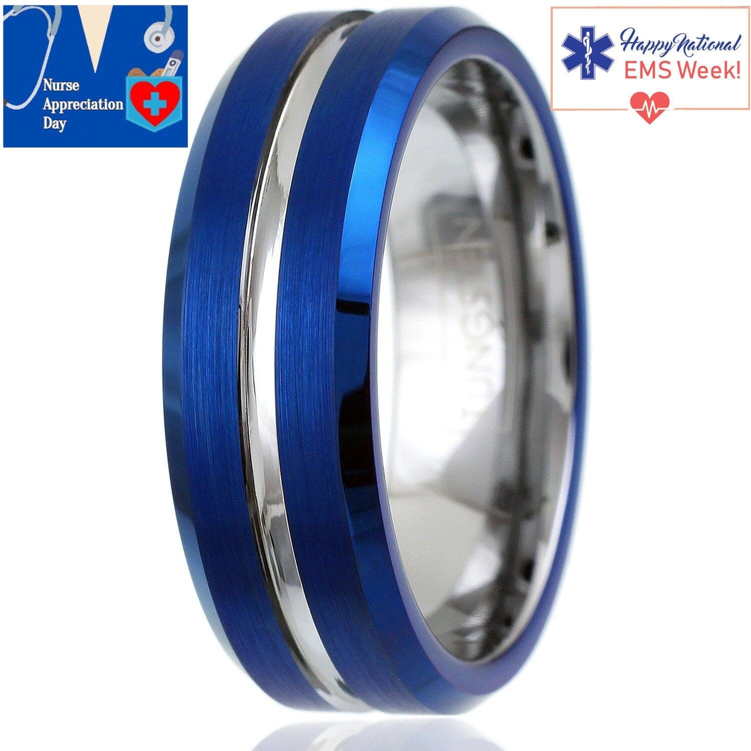 Silver and Blue Tungsten Ring, Gift for Nurses, Doctors, Paramedics ...