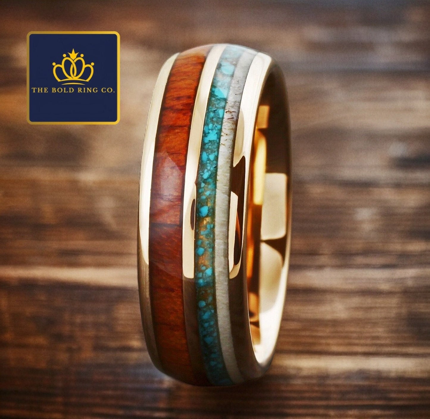 The Rustic Ring. Rose Gold Tungsten with whiskey wood, turquoise, and deer antler inlay