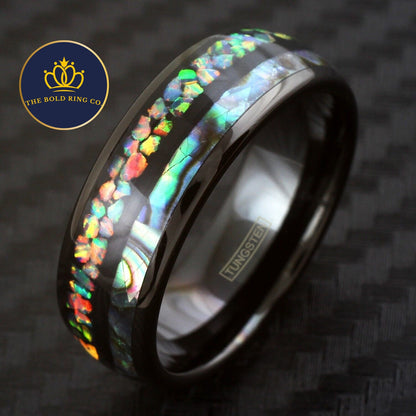 Black Opal Ring with Abalone Inlay, Black Tungsten Ring, The Peacock Ring