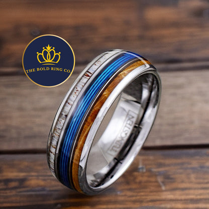 silver-tungsten-metal-ring-with-fishing-wire-deer-antler-whiskey-wood-gift-for-husband