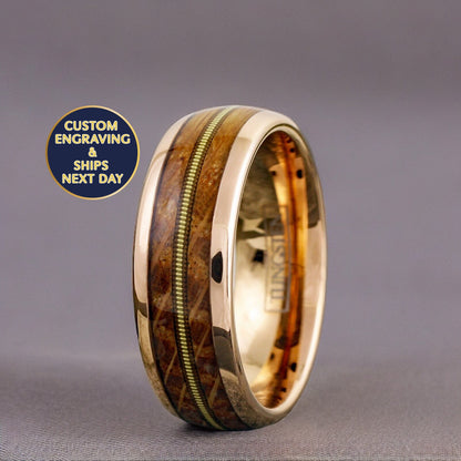 Guitar String Ring. Rose gold plated ring with Whiskey Barrel Wood