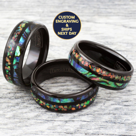 Black Opal Ring with Abalone Inlay, Black Tungsten Ring, The Peacock Ring