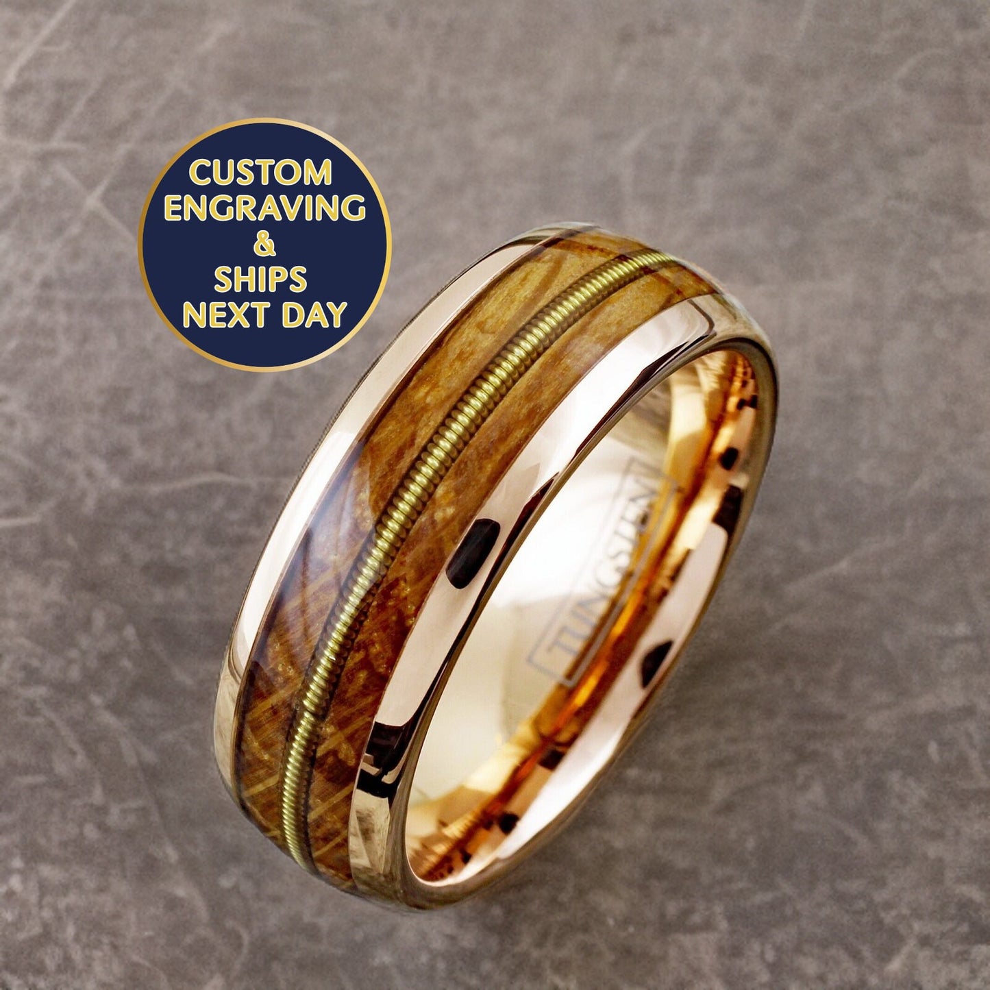 Guitar String Ring. Rose gold plated ring with Whiskey Barrel Wood