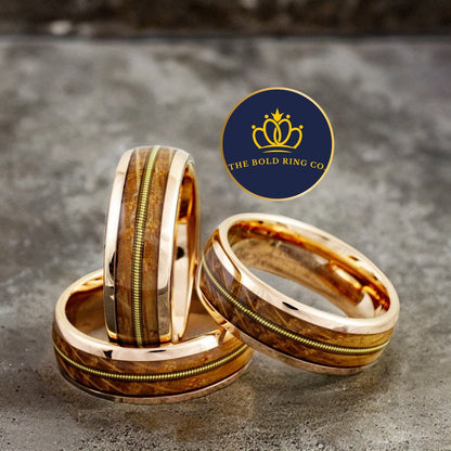 Guitar String Ring. Rose gold plated ring with Whiskey Barrel Wood